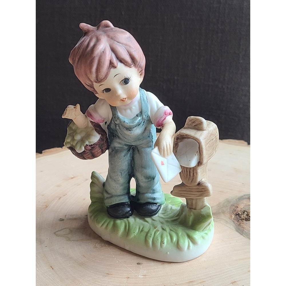 Vintage Boy with Letter‎ and Mailbox figurine Overalls Basket Heart